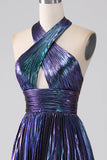 Sparkly Dark Purple Halter A Line Long Prom Dress With Pleated