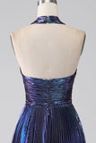 Sparkly Dark Purple Halter A Line Long Prom Dress With Pleated