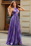 Sparkly Dark Purple Halter A Line Long Prom Dress With Pleated