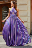 Sparkly Dark Purple Halter A Line Long Prom Dress With Pleated