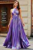 Sparkly Dark Purple Halter A Line Long Prom Dress With Pleated