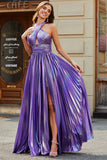 Sparkly Dark Purple Halter A Line Long Prom Dress With Pleated