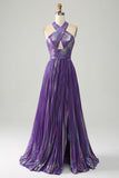 Sparkly Dark Purple Halter A Line Long Prom Dress With Pleated