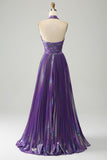 Sparkly Dark Purple Halter A Line Long Prom Dress With Pleated