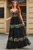 Gorgeous Black A Line Spaghetti Straps Long Prom Dress With Embroidery