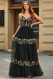 Gorgeous Black A Line Spaghetti Straps Long Prom Dress With Embroidery