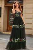 Gorgeous Black A Line Spaghetti Straps Long Prom Dress With Embroidery