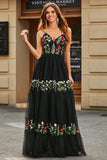 Gorgeous Black A Line Spaghetti Straps Long Prom Dress With Embroidery