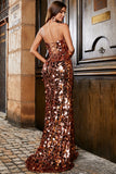 Sparkly Rose Golden Mermaid Spaghetti Straps Sequins Long Prom Dress With Slit