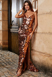 Sparkly Rose Golden Mermaid Spaghetti Straps Sequins Long Prom Dress With Slit