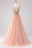 Spaghetti Straps Corset Beading A-Line Tulle Long Prom Dress with Slit