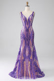 Sparkly Dark Purple Sequins Mermaid Backless Long Prom Dress