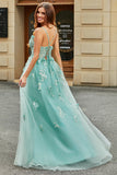 Green A Line Spaghetti Straps Tulle Corset Long Prom Dress With Appliques