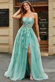 Green A Line Spaghetti Straps Tulle Corset Long Prom Dress With Appliques