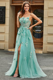 Green A Line Spaghetti Straps Tulle Corset Long Prom Dress With Appliques