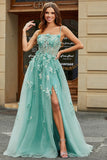 Green A Line Spaghetti Straps Tulle Corset Long Prom Dress With Appliques