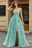 Green A Line Spaghetti Straps Tulle Corset Long Prom Dress With Appliques