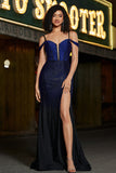 Sparkly Navy Mermaid Long Corset Beaded Prom Dress With Slit