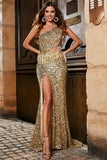 Glitter Golden Mermaid One Shoulder Fringe Sequin Long Prom Dress With Slit