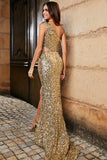 Glitter Golden Mermaid One Shoulder Fringe Sequin Long Prom Dress With Slit