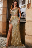 Glitter Golden Mermaid One Shoulder Fringe Sequin Long Prom Dress With Slit