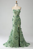 Spaghetti Straps Green Mermaid Corset Prom Dress with Appliques