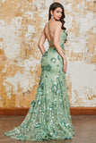 Mermaid Spaghetti Straps Green Corset Prom Dress with Appliques