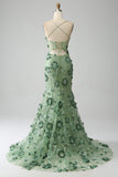 Spaghetti Straps Green Mermaid Corset Prom Dress with Appliques