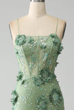 Spaghetti Straps Green Mermaid Corset Prom Dress with Appliques