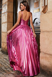 Metallic Fuchsia A Line Spaghetti Straps Pleated Long Prom Dress With Slit