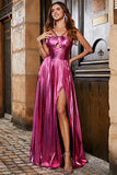 Metallic Fuchsia A Line Spaghetti Straps Pleated Long Prom Dress With Slit