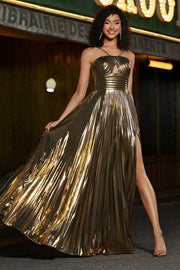 Glitter Golden A Line Spaghetti Straps Pleated Long Prom Dress With Slit