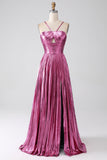 Metallic Fuchsia A Line Spaghetti Straps Pleated Long Prom Dress With Slit