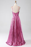 Metallic Fuchsia A Line Spaghetti Straps Pleated Long Prom Dress With Slit