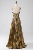 Glitter Golden A Line Spaghetti Straps Pleated Long Prom Dress With Slit