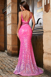 Sparkly Fuchsia Mermaid Spaghetti Straps Long Prom Dress With Beading Waist