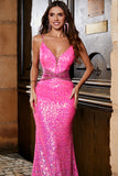 Sparkly Fuchsia Mermaid Spaghetti Straps Long Prom Dress With Beading Waist