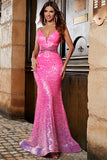 Sparkly Fuchsia Mermaid Spaghetti Straps Long Prom Dress With Beading Waist