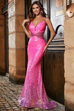 Sparkly Fuchsia Mermaid Spaghetti Straps Long Prom Dress With Beading Waist