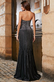 Glitter Black Strapless Mermaid Long Prom Dress With Slit