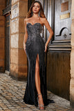 Glitter Black Strapless Mermaid Long Prom Dress With Slit