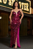 Sparkly Fuchsia Spaghetti Straps Mermaid Sequins Long Prom Dress With Slit