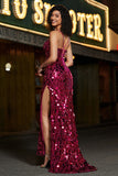 Sparkly Fuchsia Spaghetti Straps Mermaid Sequins Long Prom Dress With Slit