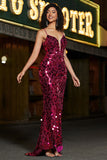 Sparkly Fuchsia Spaghetti Straps Mermaid Sequins Long Prom Dress With Slit