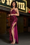 Sparkly Fuchsia Spaghetti Straps Mermaid Sequins Long Prom Dress With Slit