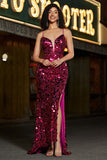 Sparkly Fuchsia Spaghetti Straps Mermaid Sequins Long Prom Dress With Slit