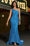 Blue Mermaid One Shoulder Long Prom Dress With Sequins