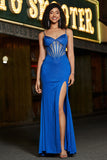 Glitter Royal Blue Mermaid Spaghetti Straps Beaded Long Corset Prom Dress With Slit