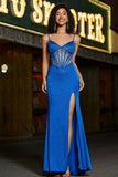 Glitter Royal Blue Mermaid Spaghetti Straps Beaded Long Corset Prom Dress With Slit