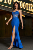 Glitter Royal Blue Mermaid Spaghetti Straps Beaded Long Corset Prom Dress With Slit